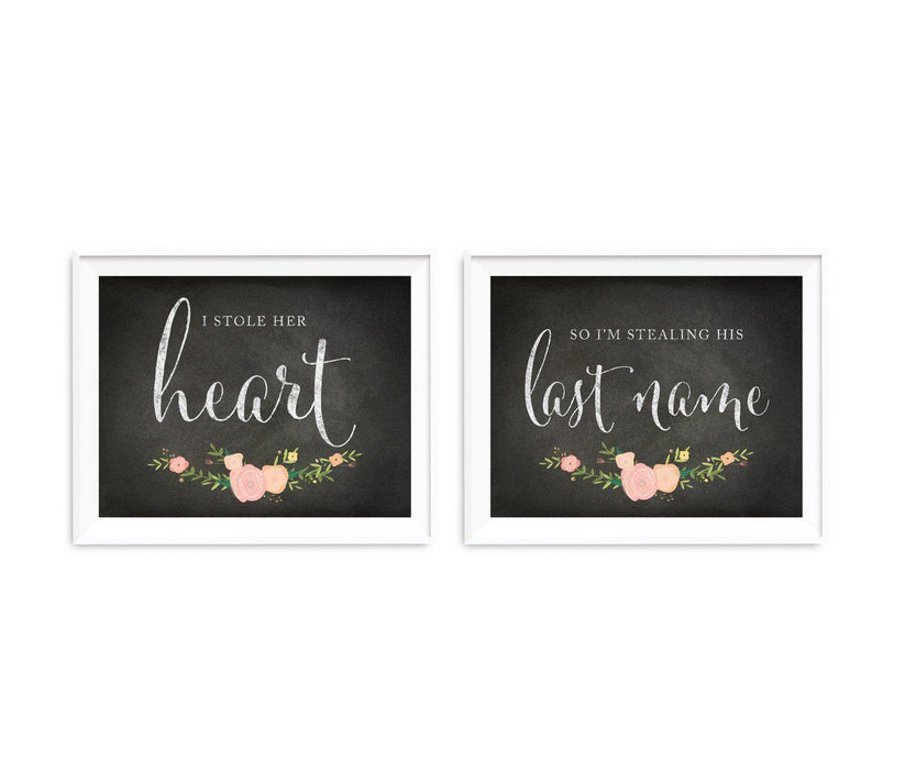 Chalkboard & Floral Roses Wedding Party Signs, 2-Pack-Set of 2-Andaz Press-I Stole Her Heart, So I'm Stealing His Last Name-