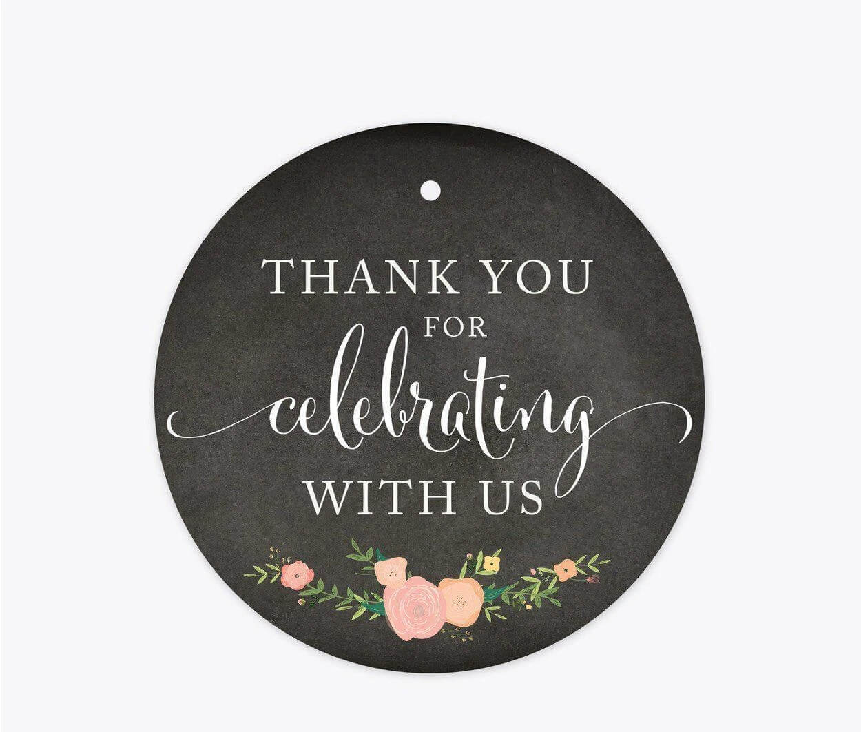 Chalkboard Floral Wedding Round Circle Gift Tags, Thank You for Celebrating with Us-Set of 24-Andaz Press-
