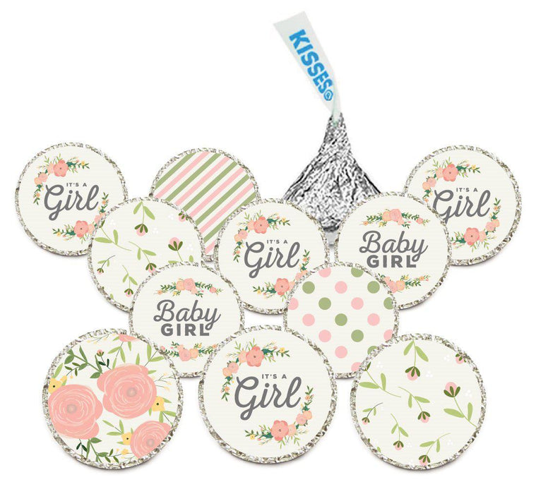 Chocolate Drop Labels Trio, Fits Hershey's Kisses, Ultimate Girl Baby Shower Collection-Set of 216-Andaz Press-Floral Roses-