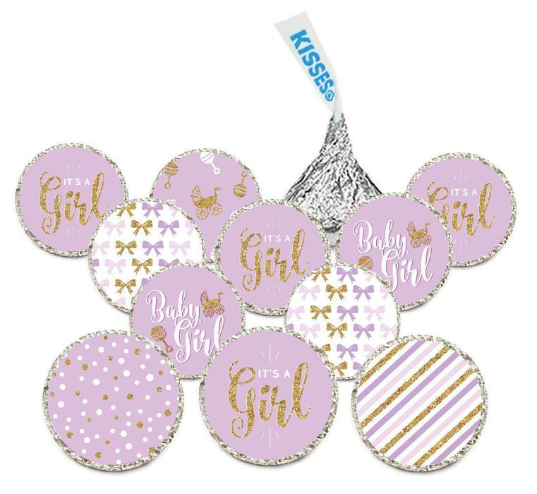 Chocolate Drop Labels Trio, Fits Hershey's Kisses, Ultimate Girl Baby Shower Collection-Set of 216-Andaz Press-Lavender and Gold Glitter-