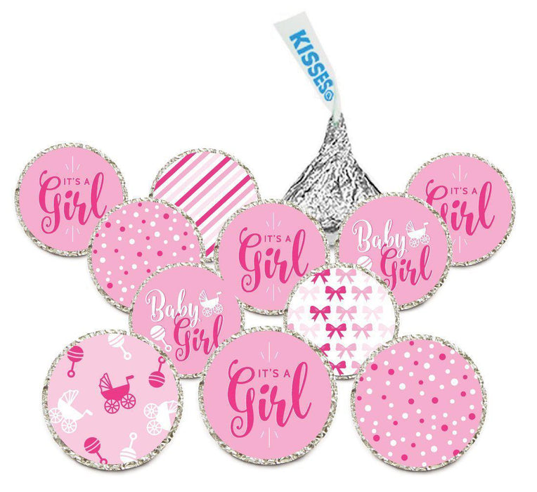 Chocolate Drop Labels Trio, Fits Hershey's Kisses, Ultimate Girl Baby Shower Collection-Set of 216-Andaz Press-Pink and Baby Blue-