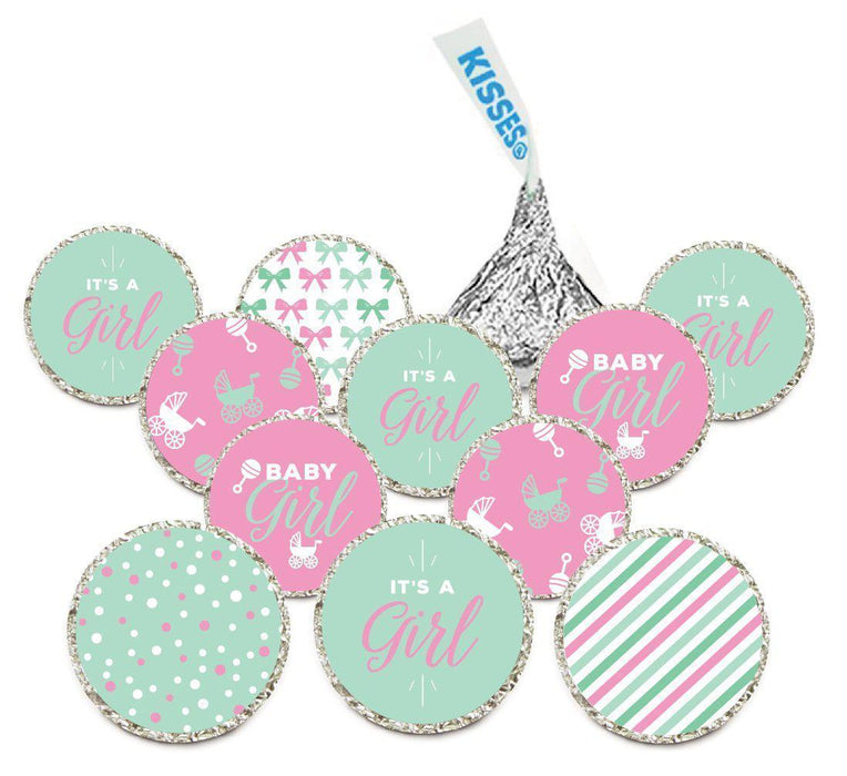 Chocolate Drop Labels Trio, Fits Hershey's Kisses, Ultimate Girl Baby Shower Collection-Set of 216-Andaz Press-Pink and Mint Green-