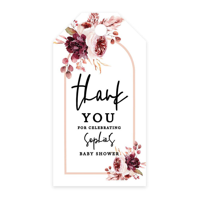 Classic Custom Thank You For Celebrating with Us Baby Shower Gift Tags, For Favors Gift Bags-Set of 20-Andaz Press-Boho Arch with Burgundy Blush Florals-