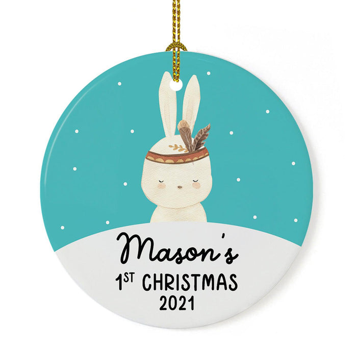 Custom 1st Christmas Tree Ornament 20XX Round Ceramic Baby's First Christmas Ornament-Set of 1-Andaz Press-Boho Bunny Teal-