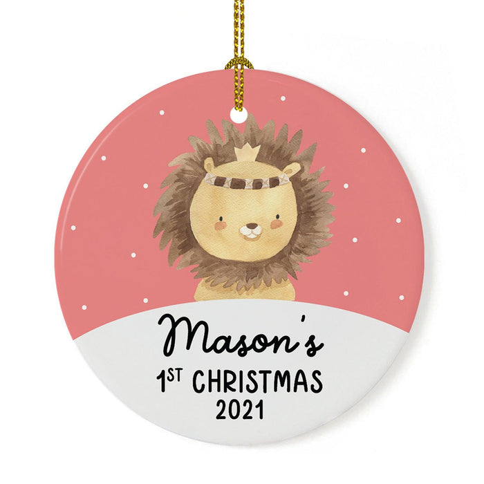 Custom 1st Christmas Tree Ornament 20XX Round Ceramic Baby's First Christmas Ornament-Set of 1-Andaz Press-Boho Lion Coral-