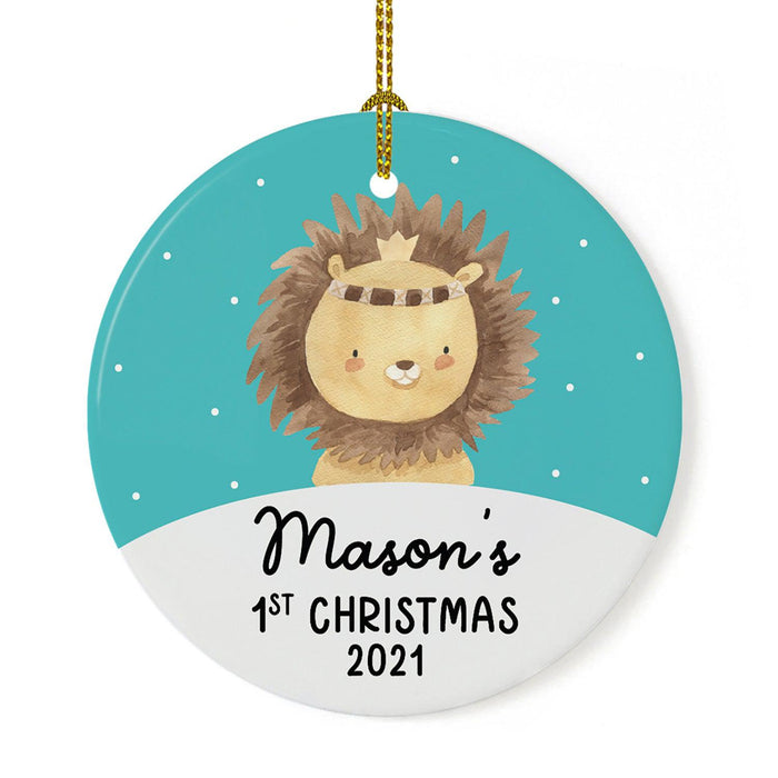 Custom 1st Christmas Tree Ornament 20XX Round Ceramic Baby's First Christmas Ornament-Set of 1-Andaz Press-Boho Lion Teal-