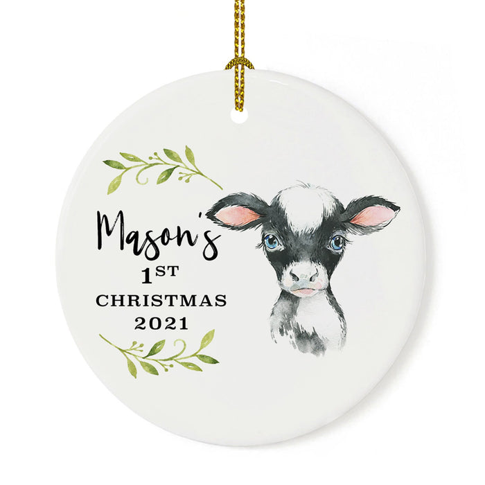 Custom 1st Christmas Tree Ornament 20XX Round Ceramic Baby's First Christmas Ornament-Set of 1-Andaz Press-Cow-