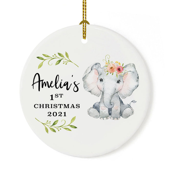 Custom 1st Christmas Tree Ornament 20XX Round Ceramic Baby's First Christmas Ornament-Set of 1-Andaz Press-Elephant with Florals-
