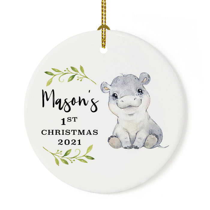 Custom 1st Christmas Tree Ornament 20XX Round Ceramic Baby's First Christmas Ornament-Set of 1-Andaz Press-Hippo-