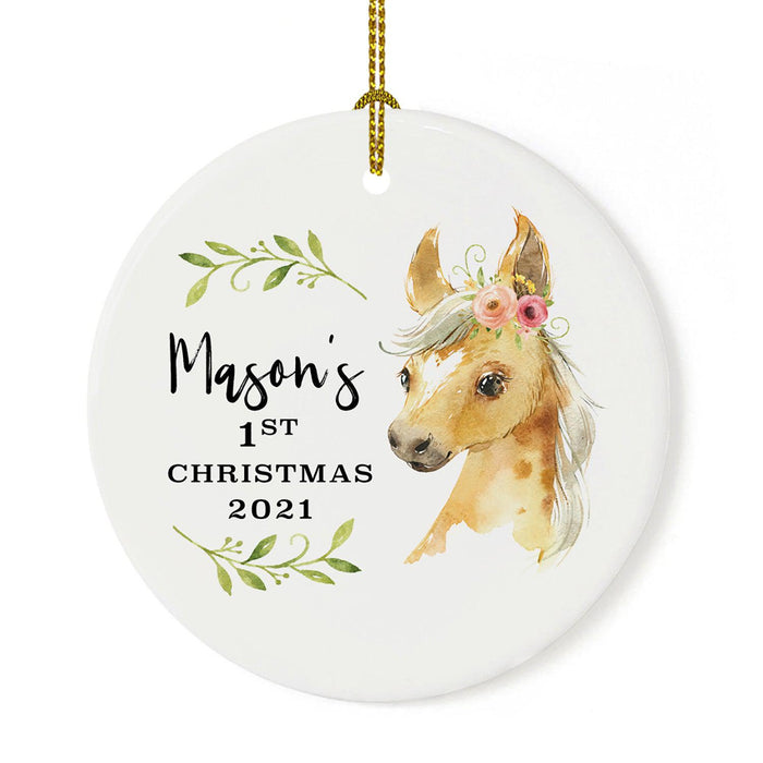 Custom 1st Christmas Tree Ornament 20XX Round Ceramic Baby's First Christmas Ornament-Set of 1-Andaz Press-Horse with Florals-