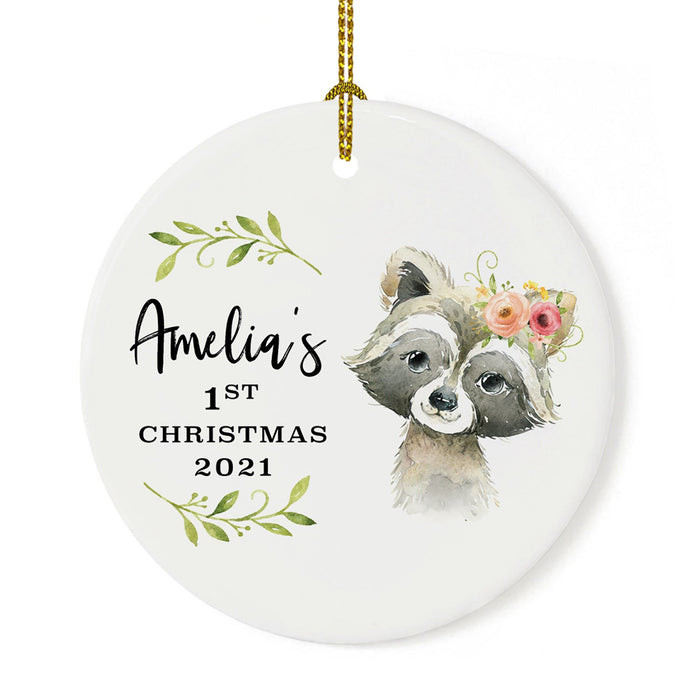 Custom 1st Christmas Tree Ornament 20XX Round Ceramic Baby's First Christmas Ornament-Set of 1-Andaz Press-Raccoon with Florals-