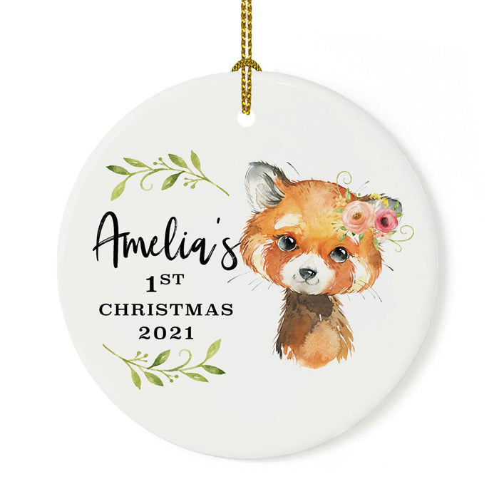 Custom 1st Christmas Tree Ornament 20XX Round Ceramic Baby's First Christmas Ornament-Set of 1-Andaz Press-Red Panda with Florals-