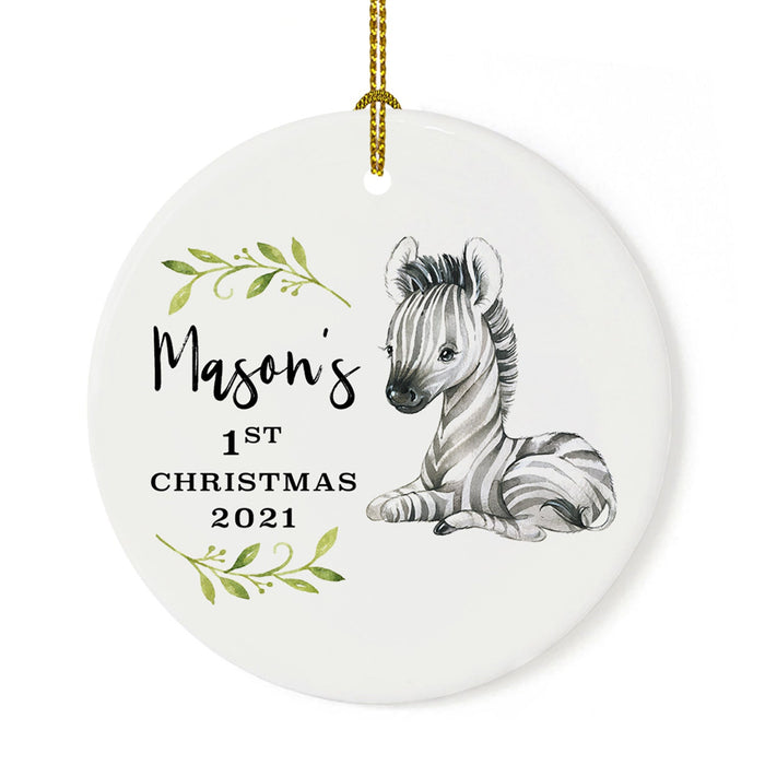 Custom 1st Christmas Tree Ornament 20XX Round Ceramic Baby's First Christmas Ornament-Set of 1-Andaz Press-Zebra-