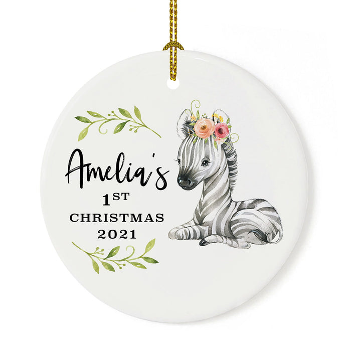 Custom 1st Christmas Tree Ornament 20XX Round Ceramic Baby's First Christmas Ornament-Set of 1-Andaz Press-Zebra with Florals-