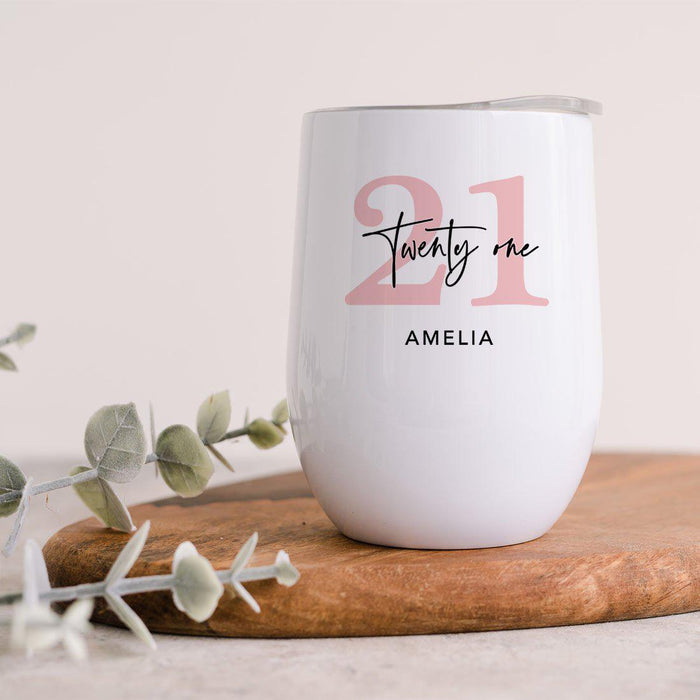 Custom 21st Birthday Wine Tumbler with Lid 12oz Stemless Stainless Steel Insulated-Set of 1-Andaz Press-Custom Blush Pink 21-