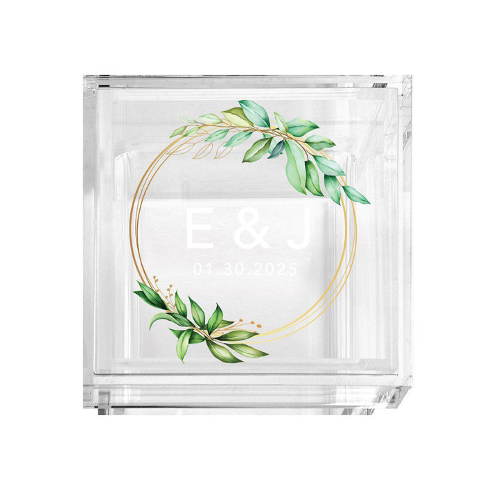Custom Acrylic Wedding Ring Box, 2 Ring Slot, Ring Box Display for Wedding-Set of 1-Andaz Press-Gold Round Frame with Greenery Leaves-
