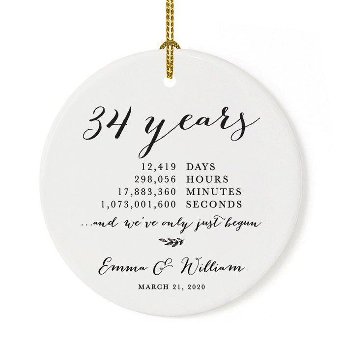 Custom Anniversary Years Days Hours Minutes White Custom Porcelain Round Ornaments Design 1-Set of 1-Andaz Press-34 Years-
