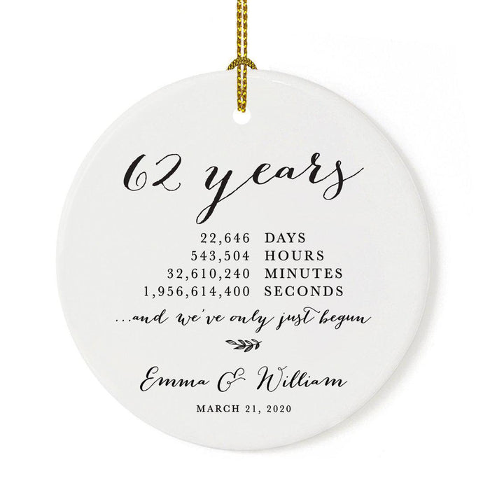 Custom Anniversary Years Days Hours Minutes White Custom Porcelain Round Ornaments Design 2-Set of 1-Andaz Press-62 Years-