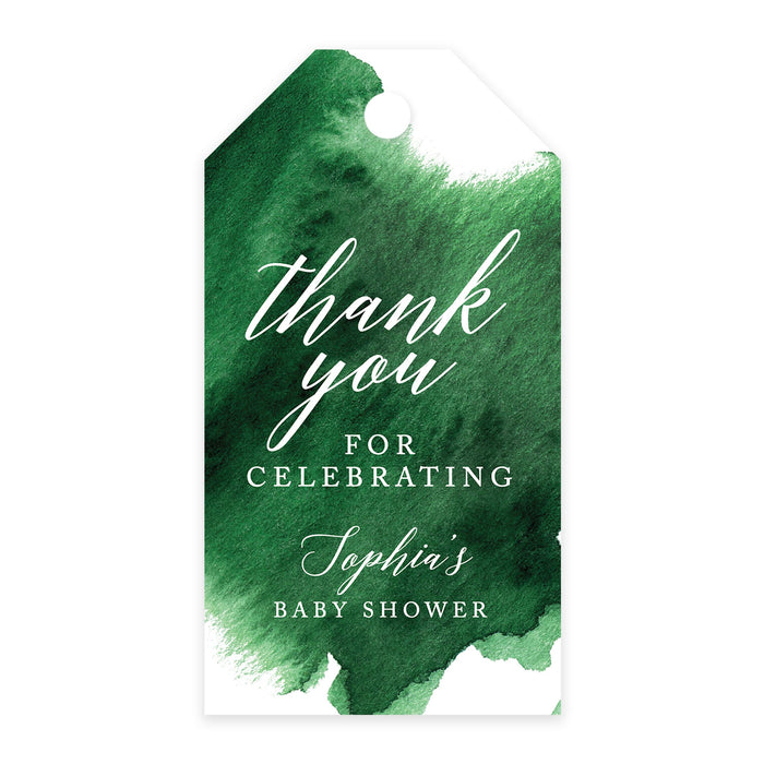 Custom Baby Shower Favor Tags, Thank you for Celebrating Gift Tags with Bakers Twine, 2 x 3.75-Inches-Set of 100-Andaz Press-Emerald Green Watercolor-