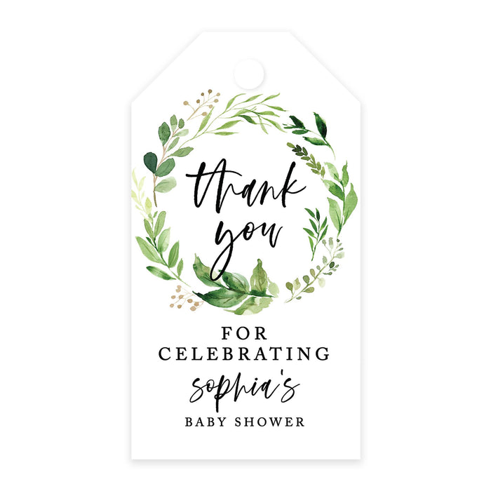 Custom Baby Shower Favor Tags, Thank you for Celebrating Gift Tags with Bakers Twine, 2 x 3.75-Inches-Set of 100-Andaz Press-Greenery Wreath-