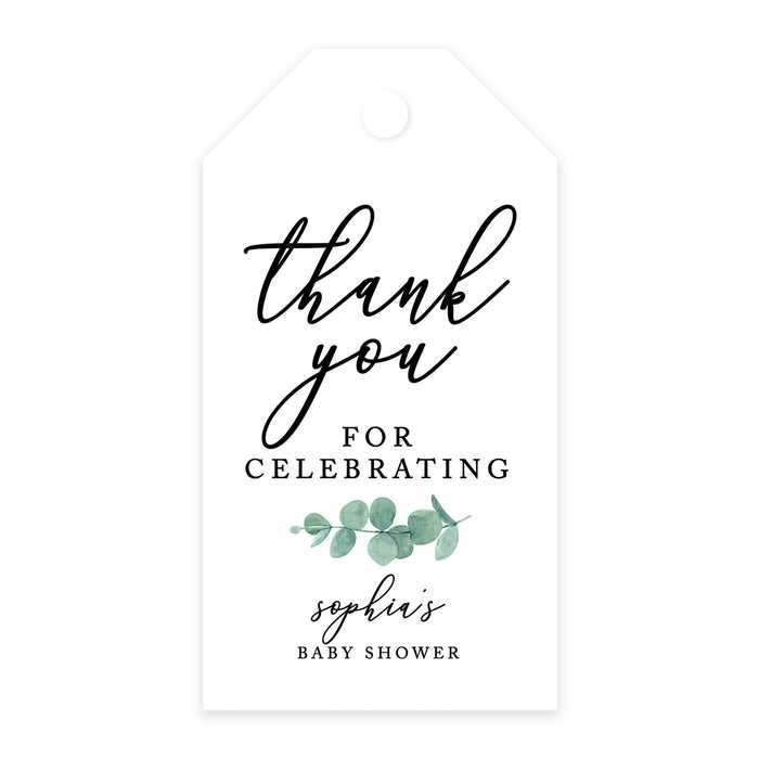 Custom Baby Shower Favor Tags, Thank you for Celebrating Gift Tags with Bakers Twine, 2 x 3.75-Inches-Set of 100-Andaz Press-Minimal Eucalyptus Leaf-