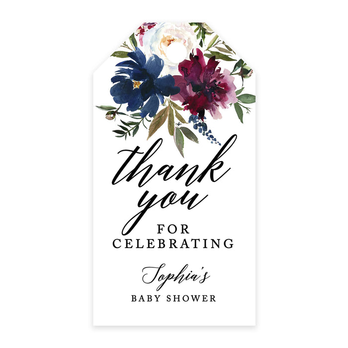 Custom Baby Shower Favor Tags, Thank you for Celebrating Gift Tags with Bakers Twine, 2 x 3.75-Inches-Set of 100-Andaz Press-Navy Blue and Burgundy Florals-