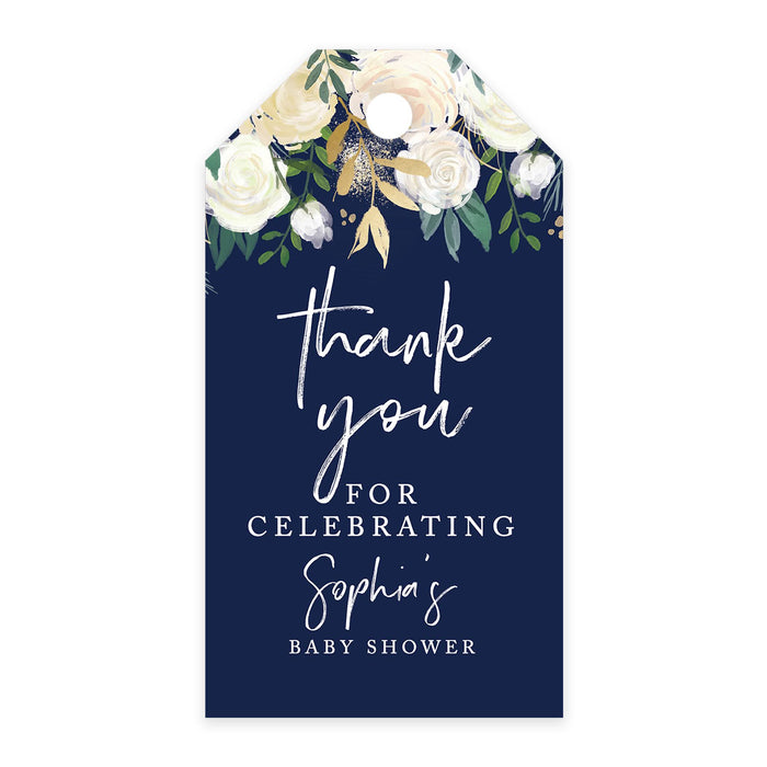 Custom Baby Shower Favor Tags, Thank you for Celebrating Gift Tags with Bakers Twine, 2 x 3.75-Inches-Set of 100-Andaz Press-Navy Blue with Florals-
