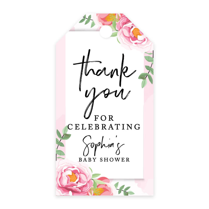 Custom Baby Shower Favor Tags, Thank you for Celebrating Gift Tags with Bakers Twine, 2 x 3.75-Inches-Set of 100-Andaz Press-Pink Peonies-