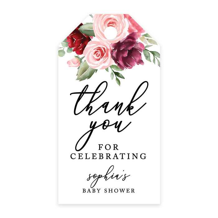 Custom Baby Shower Favor Tags, Thank you for Celebrating Gift Tags with Bakers Twine, 2 x 3.75-Inches-Set of 100-Andaz Press-Pink and Burgundy Florals-
