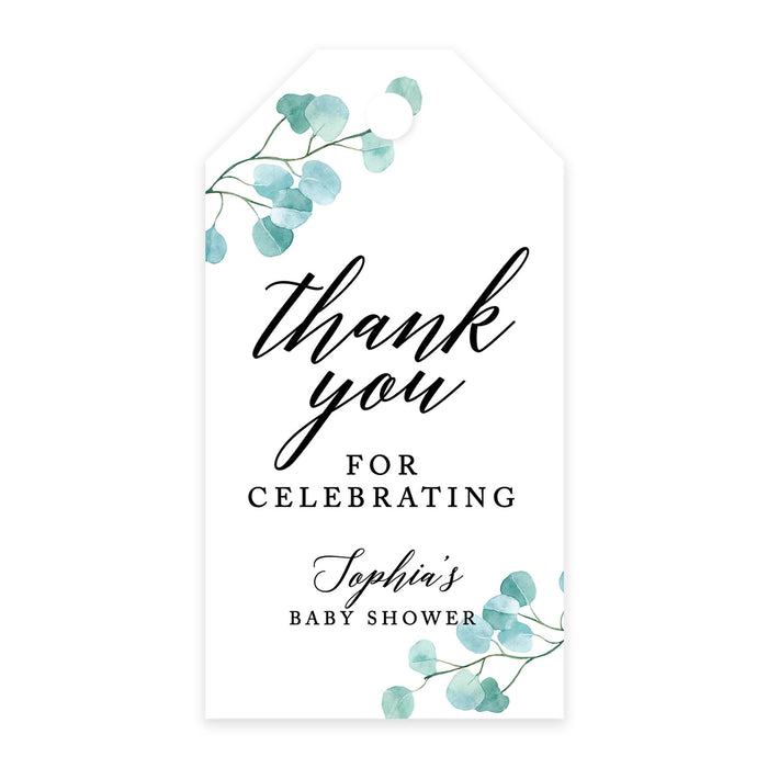 Custom Baby Shower Favor Tags, Thank you for Celebrating Gift Tags with Bakers Twine, 2 x 3.75-Inches-Set of 100-Andaz Press-Silver Dollar Eucalyptus-