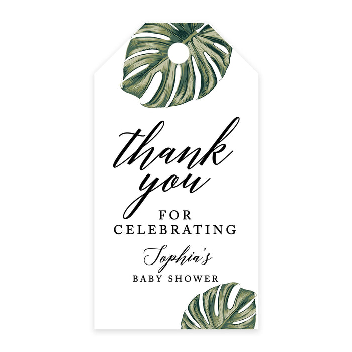 Custom Baby Shower Favor Tags, Thank you for Celebrating Gift Tags with Bakers Twine, 2 x 3.75-Inches-Set of 100-Andaz Press-Tropical Monstera Leaves-