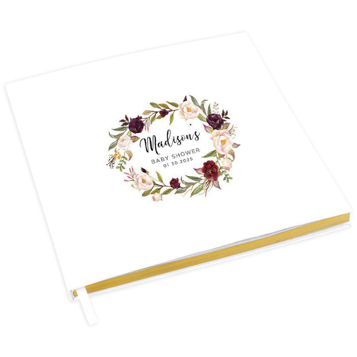 Custom Baby Shower Guestbook with Gold Accents, White Guest Sign in Registry, Design 1-Set of 1-Andaz Press-Burgundy Pink Floral Wreath-