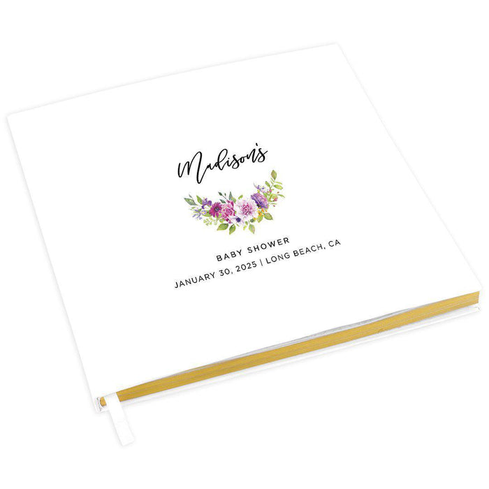 Custom Baby Shower Guestbook with Gold Accents, White Guest Sign in Registry, Design 1-Set of 1-Andaz Press-Fuchsia Purple Florals-