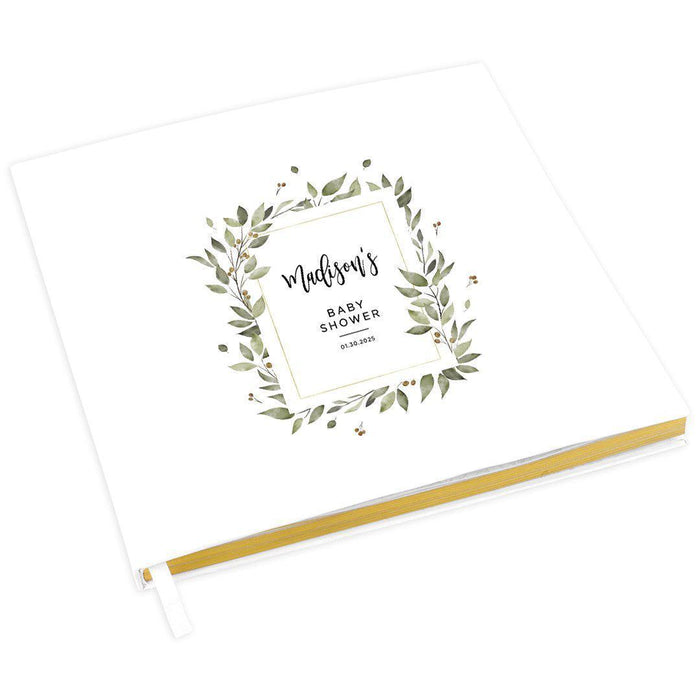 Custom Baby Shower Guestbook with Gold Accents, White Guest Sign in Registry, Design 1-Set of 1-Andaz Press-Greenery Square Frame-
