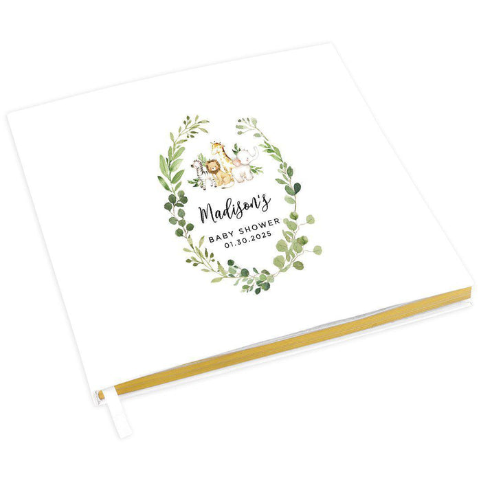 Custom Baby Shower Guestbook with Gold Accents, White Guest Sign in Registry, Design 1-Set of 1-Andaz Press-Greenery with Baby Safari Animals-