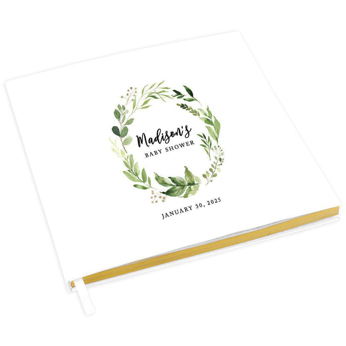 Custom Baby Shower Guestbook with Gold Accents, White Guest Sign in Registry, Design 1-Set of 1-Andaz Press-Watercolor Greenery Wreath-