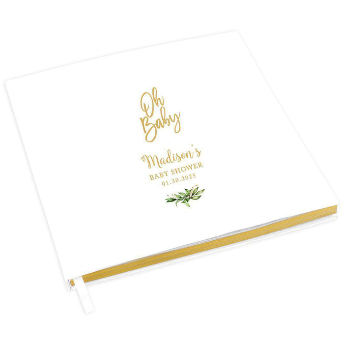 Custom Baby Shower Guestbook with Gold Accents, White Guest Sign in Registry, Design 2-Set of 1-Andaz Press-Gold with Minimal Greenery Leaves-
