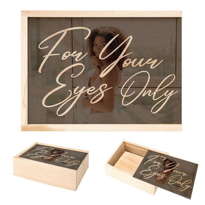 Custom Boudoir Photo Box, Natural Wood, Boudoir Photography Storage Box-Set of 1-Andaz Press-For Your Eyes Only Script-