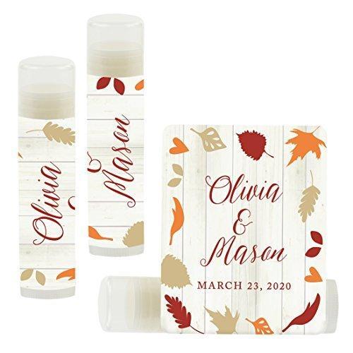 Custom Bridal Shower Bachelorette Party Lip Balm Favors, Brides Name and Date-Set of 12-Andaz Press-Fallin' in Love Autumn Fall Leaves-