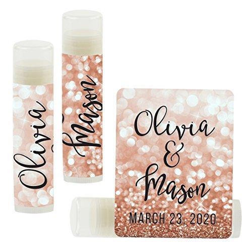 Custom Bridal Shower Bachelorette Party Lip Balm Favors, Brides Name and Date-Set of 12-Andaz Press-Faux Rose Gold Glitter Shimmer-