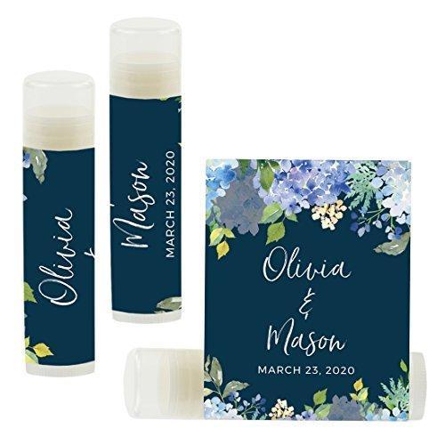 Custom Bridal Shower Bachelorette Party Lip Balm Favors, Brides Name and Date-Set of 12-Andaz Press-Navy Blue Hydrangea Floral Garden Party-