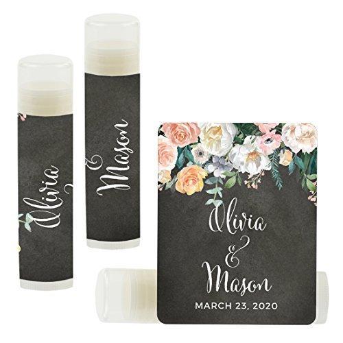 Custom Bridal Shower Bachelorette Party Lip Balm Favors, Brides Name and Date-Set of 12-Andaz Press-Peach Chalkboard Floral Garden Party-