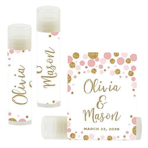 Custom Bridal Shower Bachelorette Party Lip Balm Favors, Brides Name and Date-Set of 12-Andaz Press-Pink Faux Gold Glitter Confetti Dots-