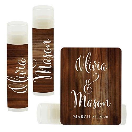 Custom Bridal Shower Bachelorette Party Lip Balm Favors, Brides Name and Date-Set of 12-Andaz Press-Rustic Wood-