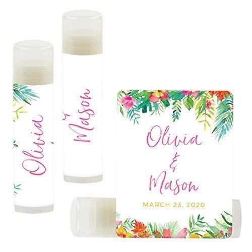 Custom Bridal Shower Bachelorette Party Lip Balm Favors, Brides Name and Date-Set of 12-Andaz Press-Tropical Floral Garden Party-