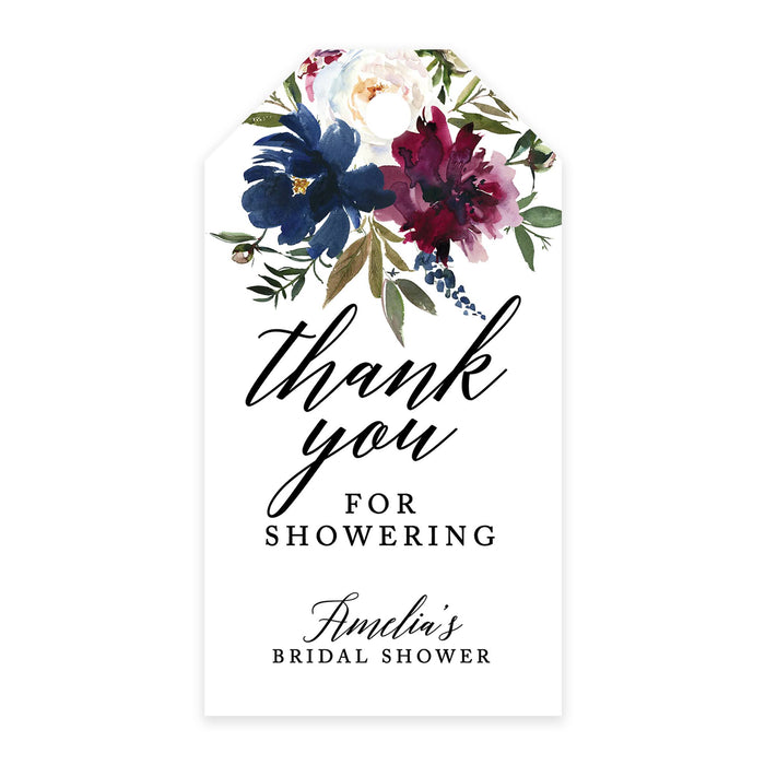Custom Bridal Shower Favor Tags with Bakers Twine Custom Cardstock Thank you for Showering Gift Tags-Set of 100-Andaz Press-Navy Blue and Burgundy Florals-