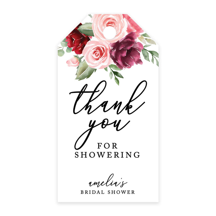 Custom Bridal Shower Favor Tags with Bakers Twine Custom Cardstock Thank you for Showering Gift Tags-Set of 100-Andaz Press-Pink and Burgundy Florals-