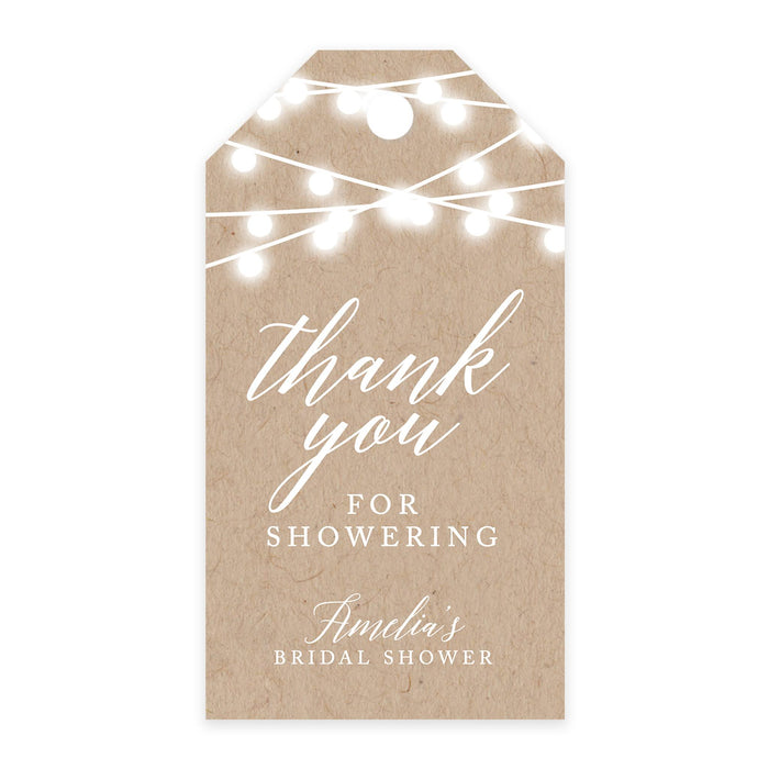 Custom Bridal Shower Favor Tags with Bakers Twine Custom Cardstock Thank you for Showering Gift Tags-Set of 100-Andaz Press-Rustic String Lights-
