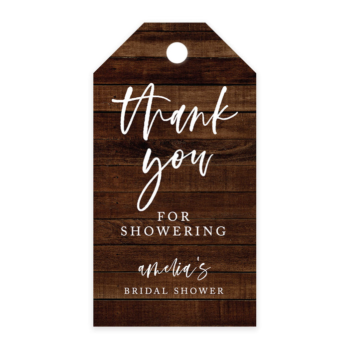 Custom Bridal Shower Favor Tags with Bakers Twine Custom Cardstock Thank you for Showering Gift Tags-Set of 100-Andaz Press-Rustic Wood-