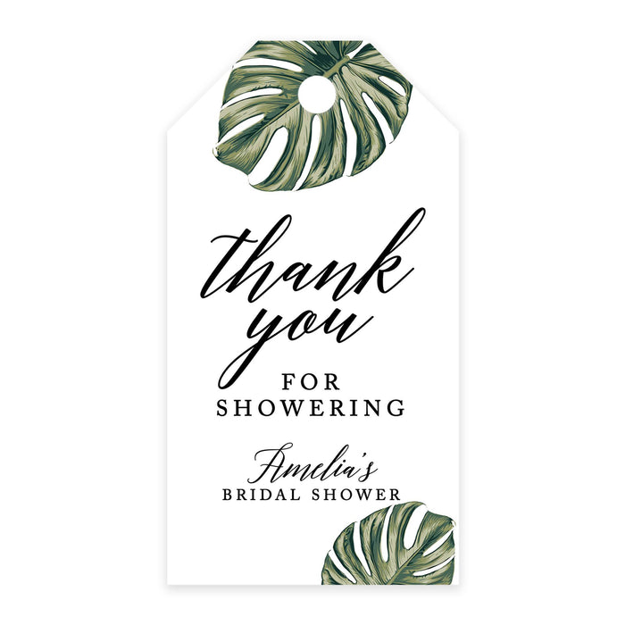 Custom Bridal Shower Favor Tags with Bakers Twine Custom Cardstock Thank you for Showering Gift Tags-Set of 100-Andaz Press-Tropical Monstera Leaves-